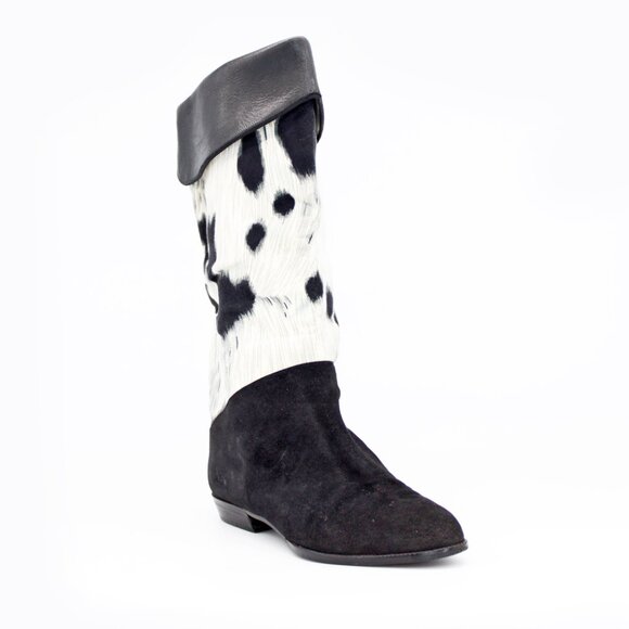 Stuart Weitzman Cow-Print Pony Hair Below the Knee Flat Boots - Picture 2 of 11